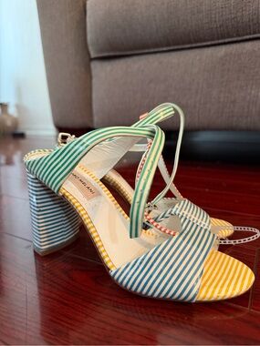 ANTONIO MELANI Striped Blue, Yellow & Green Block Heel Sandals